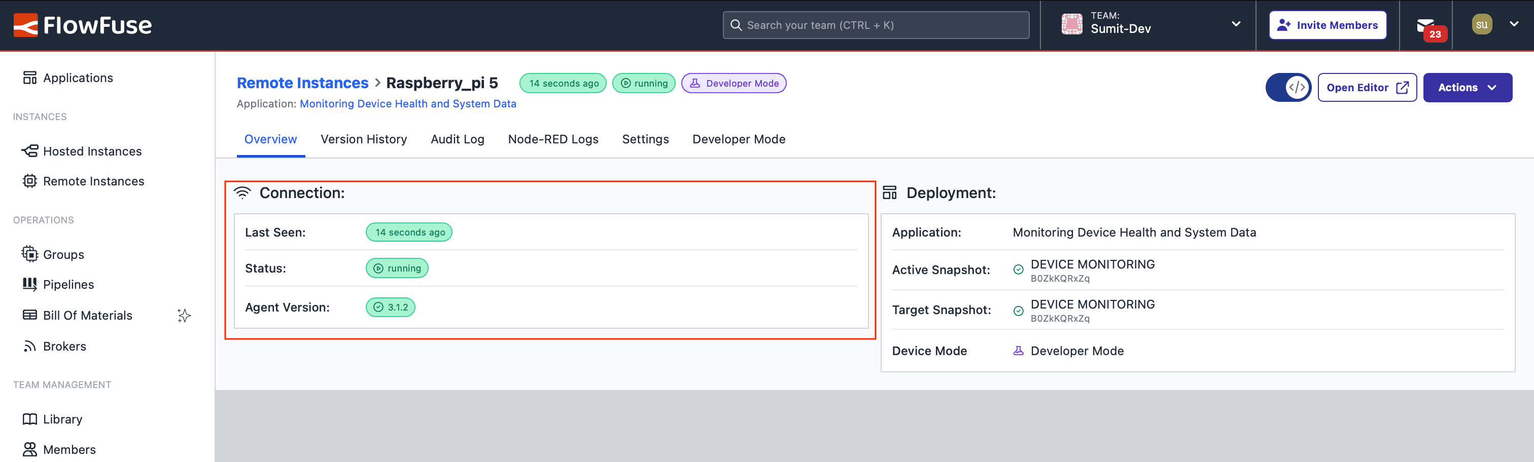 Status of the remote instance in FlowFuse, showing its connection and operational state. Status of the remote instance in FlowFuse, showing its connection and operational state